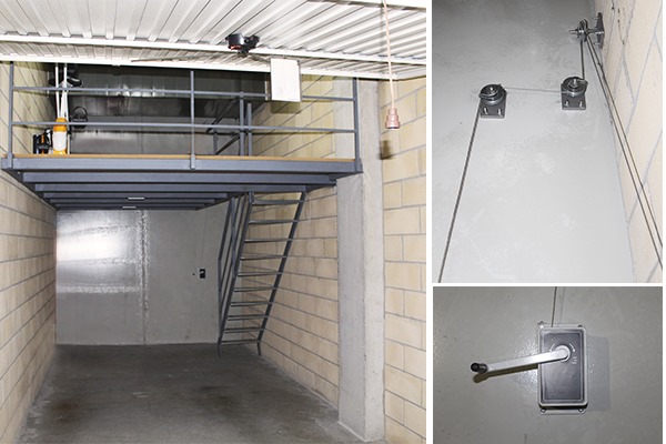 Entreplanta metálica para garaje con escalera lateral plegable con pistón