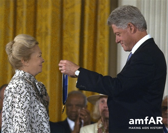 Dr. Mathilde Krim is awarded the Presidential Medal of Freedom by President Bill Clinton