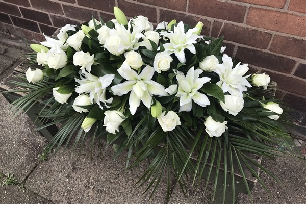Casket Spray, White lilies and white roses