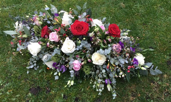 Casket Spray Eco, moss based , wild, red roses, white roses, berries, clematis,  3 ft