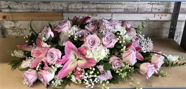 Casket Spray, Lilies and lilac roses