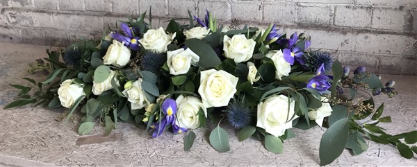Casket Spray, White roses, Iris and Eucalyptus