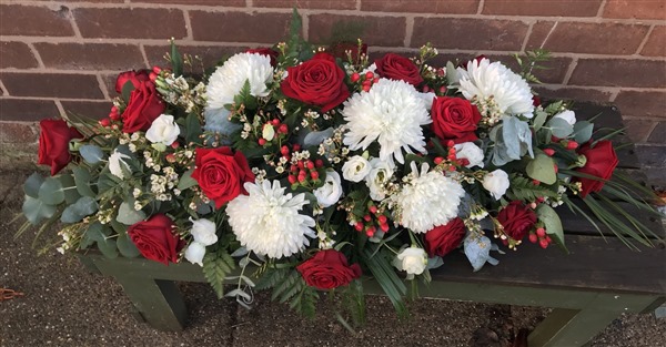 Casket Spray. Red roses and white Blooms (chrysanthemums)
