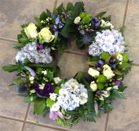 Wreath. Open style Wreath with Blue hydrangea
