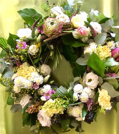 Wreath. Open style, wild  country garden style  pinks and lemons