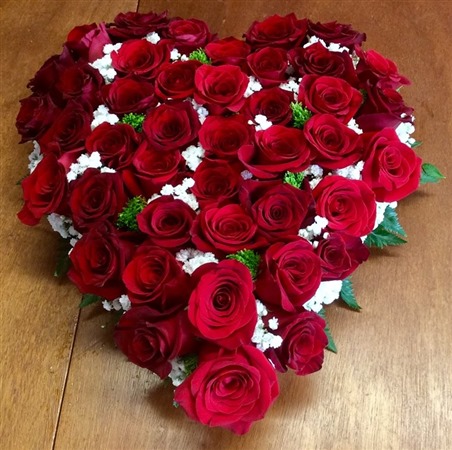 Heart. Massed with 50 red Freedom roses and gypsophila