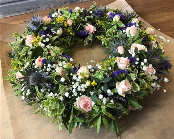 Wreath. Wild, country, foliage, pinks and lilacs, Thistle