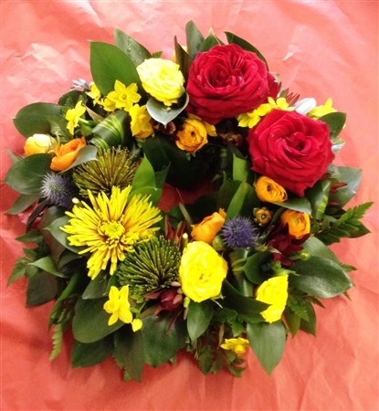 Wreath. Open Style. Bright, tropical, Yellow, Red Roses, modern.
