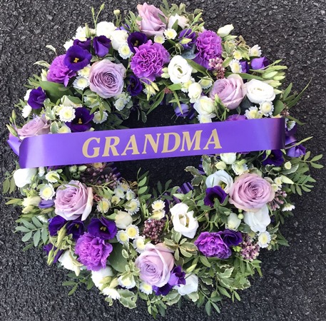 Wreath. Open Style Lilac, purple and white. Grandma ribbon