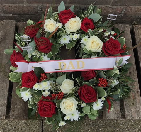 Wreath. Open style. Red and white roses, DAD ribbon