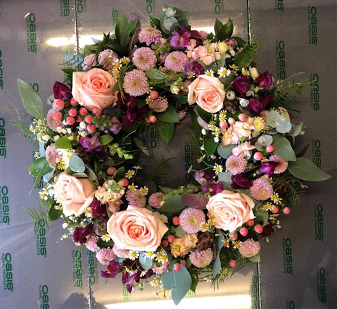 Wreath. Open style. Pink and purple, Paved, Modern. Large