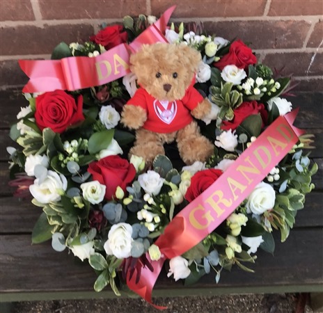 Posy. Red and white with mascot. Teddy, Funeral Wreath.