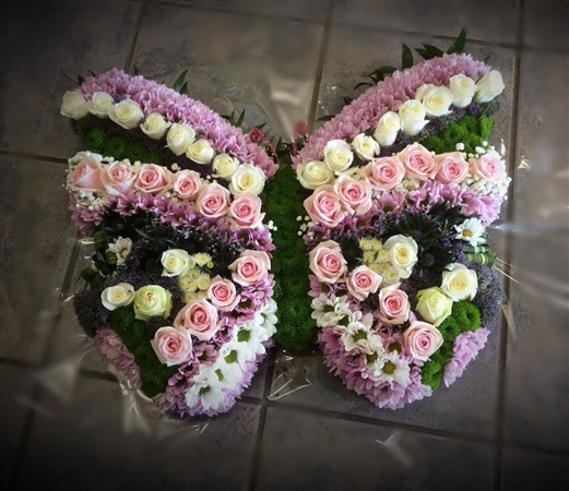 Custom Tribute. Butterfly. Pink roses, soft pinks and lilacs 2ft