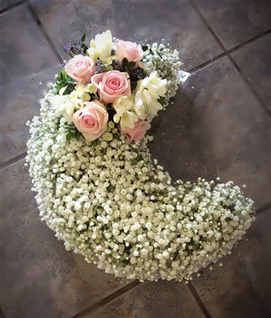 Custom Tribute. Gypsophila Moon, Pink roses, freesia. Baby Funeral Tribute