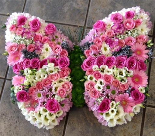 Custom Tribute. Butterfly. Roses, Pinks, Pink and white butterfly funeral tribute. 2 ft