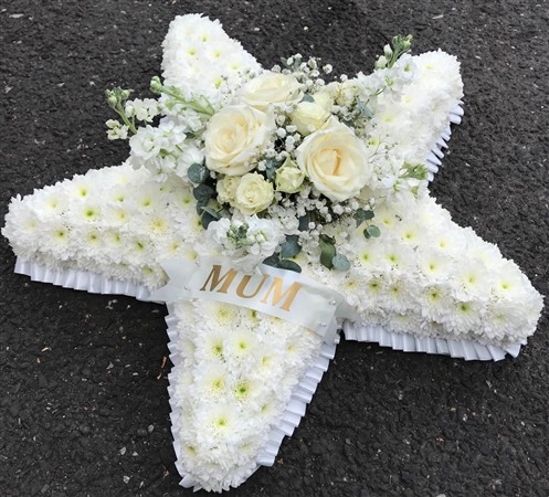 Custom Tribute. Star, White star with pure white ribbon and white rose spray. MUM