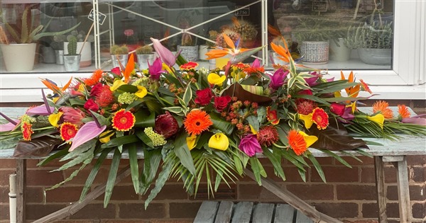 casket spray, Large 6 ft casket spray with Stelizia, tropical flowers and Anthurium, exotic foliages
