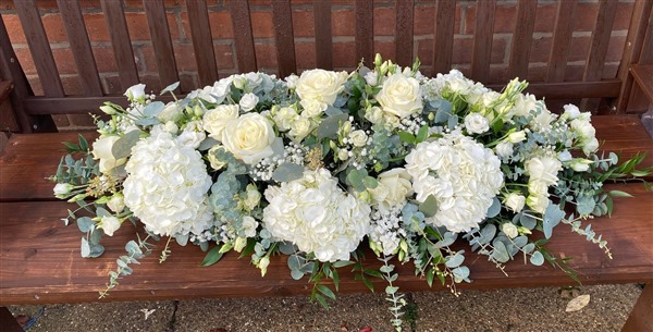 casket spray. White Hydrangea and roses  4ft