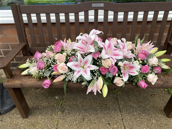 Casket spray. 5 ft Pink Lilies and roses