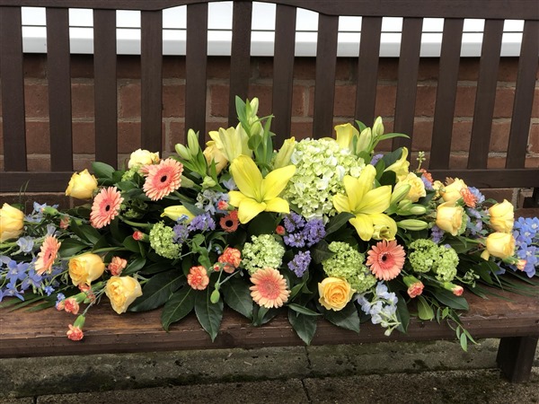 Casket spray 5 ft Yellows, orange and Lime