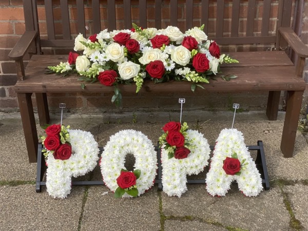 Casket Spray and letters Red and white roses POPA