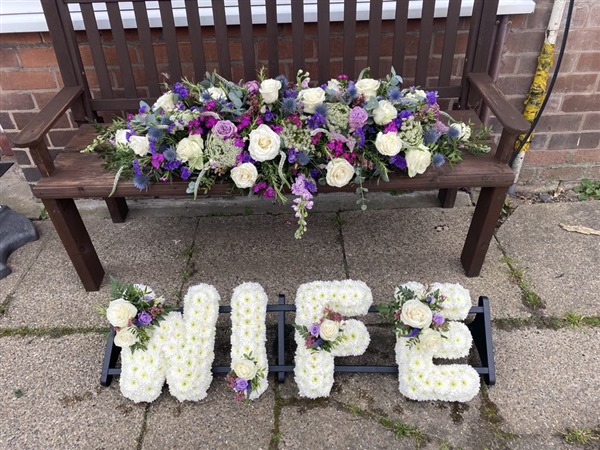 Casket Spray and Letters. Whies, Hot pinks and purples