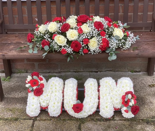 Casket Spray and Letters. Red and White roses MUM