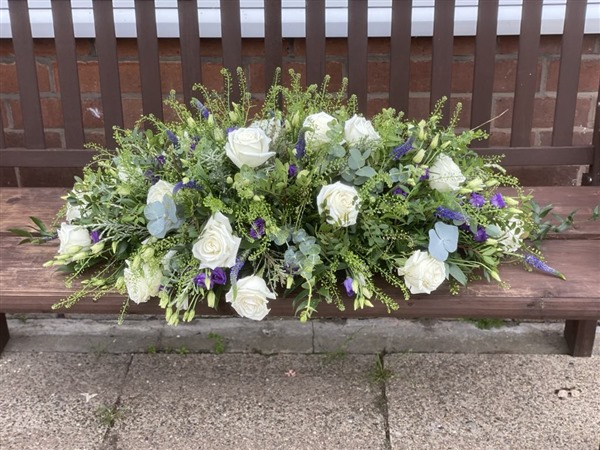 Casket Spray. White, lilac and Greenbell 3ft