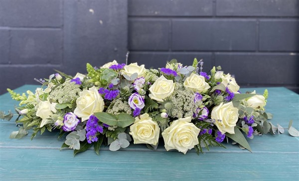 Casket Spray. White roses, Lisianthus and Dill