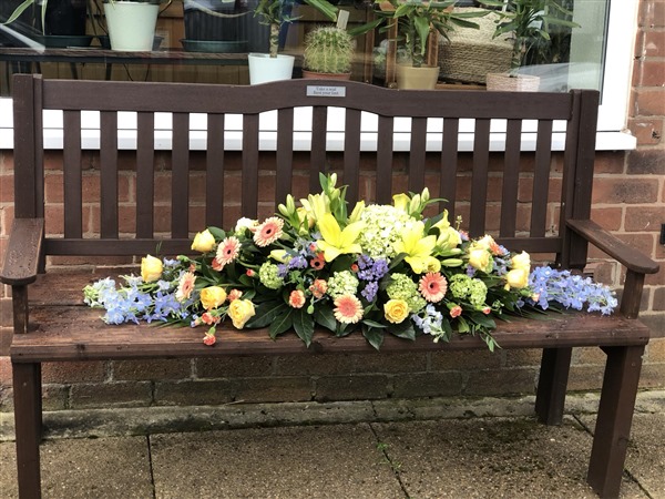 Casket Spray, 5ft, yellow lilies, lime and orange