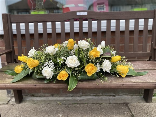 Casket Spray Yellow and white roses 