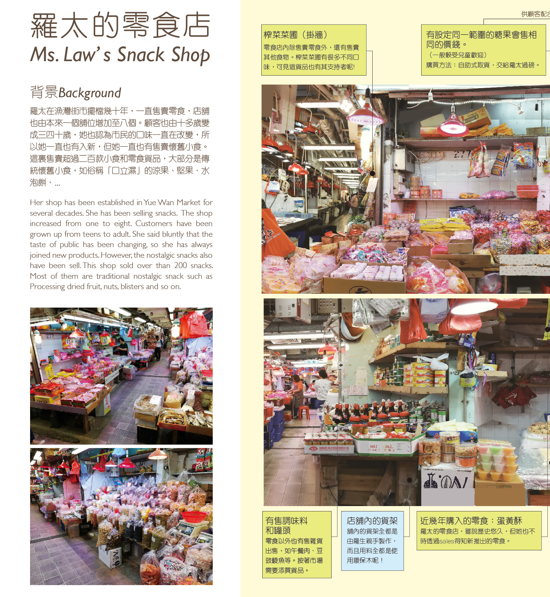 Shifting EnvironmentsWhat's good about the local public markets, when compared with supermarkets and shopping malls, is not immediately visible. After months of intensive fieldwork and observation in Yue Wan Public Market, I realized that each messy appearance of the market stores is not an outmoded spectacle,